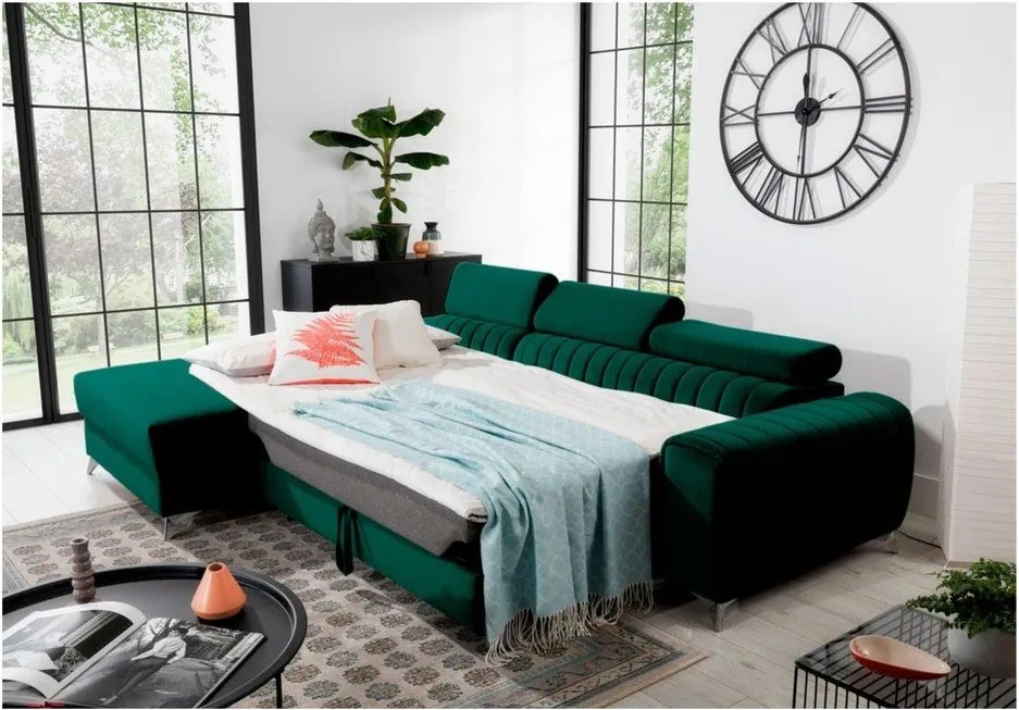 Зелен кадифен разтегателен ъглов диван с място за съхранение (ляв ъгъл) Grayson – ELTAP