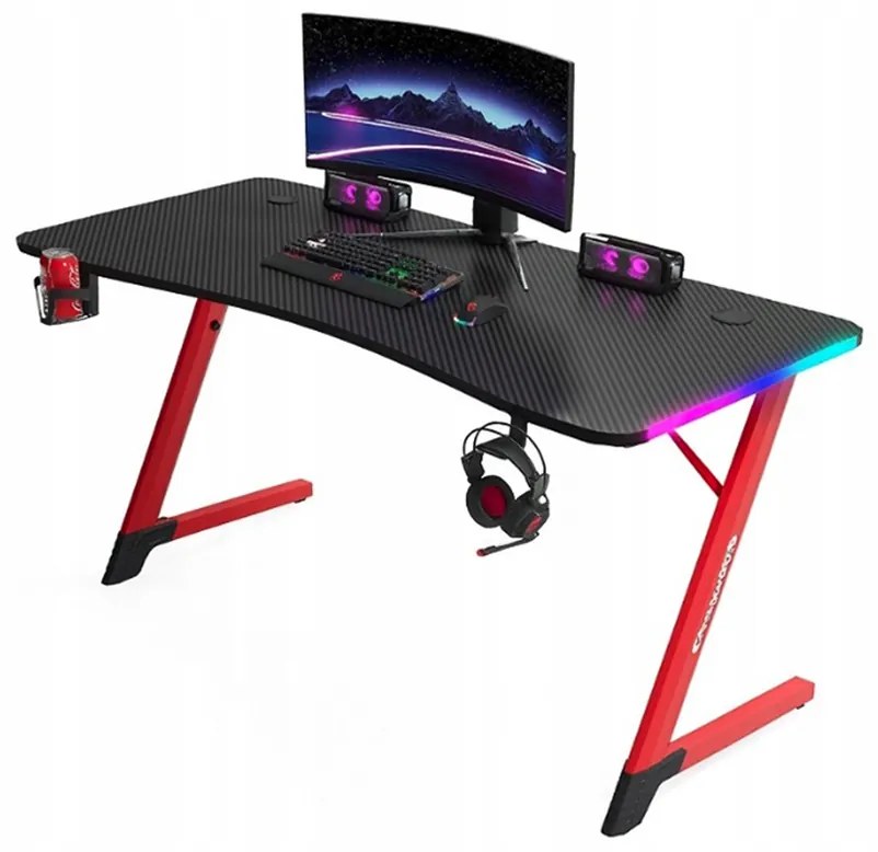 Черно-червена геймърска маса, PC маса с RGB LED осветление Šírka: 120 cm