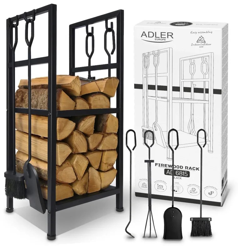Стойка за дърва за огрев с инструменти Adler AD 6815, До 80 кг, Два рафта, Стоманена конструкция, Черен