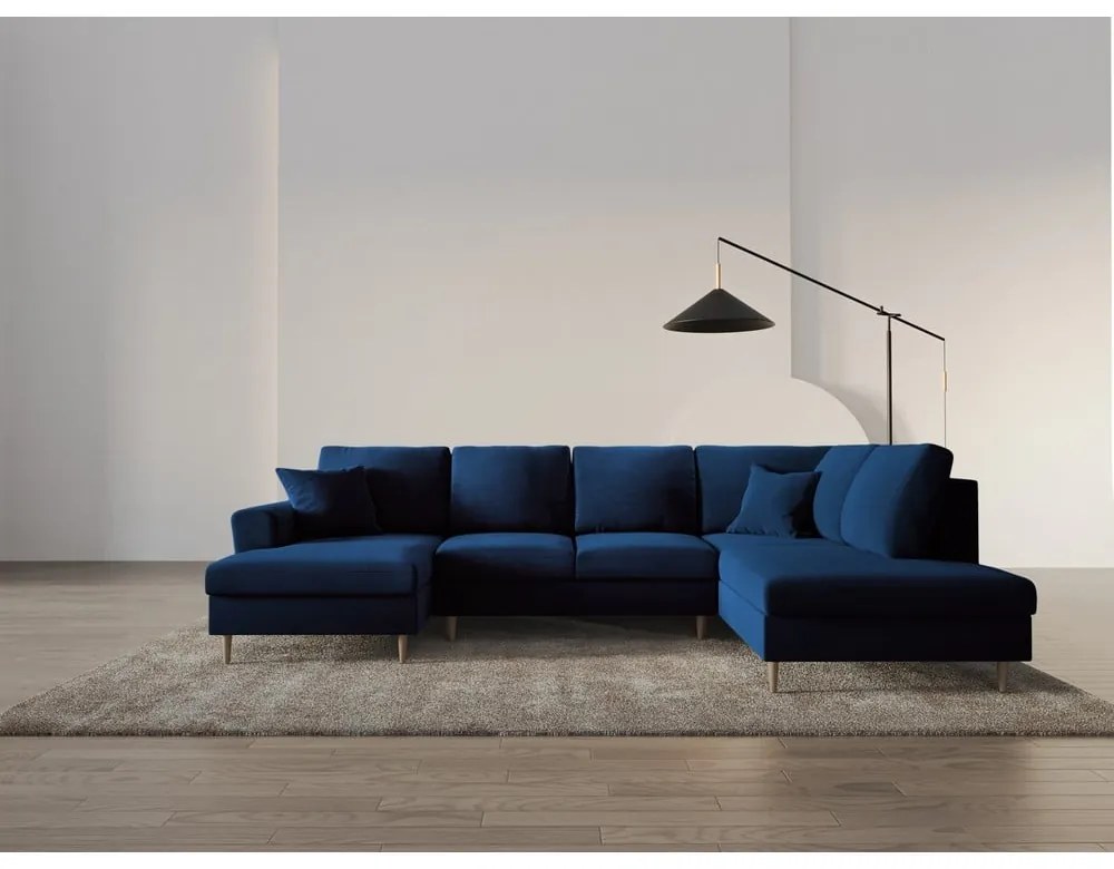 Син кадифен разтегателен ъглов диван с място за съхранение (десен ъгъл/U форма) Kyoto – Cosmopolitan Design