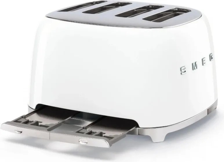 Тостер за хляб SMEG 50's Style TSF03WHEU, 2000W, 4 филии, 6 нива, Тавичка за трохи, Вграден кабел, Неръждаема стомана, Бял