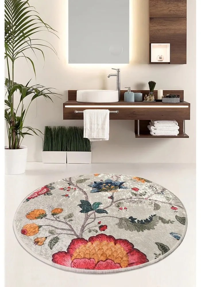 Сив кадифен килим за баня ø 100 cm Vintage Flower – Foutastic