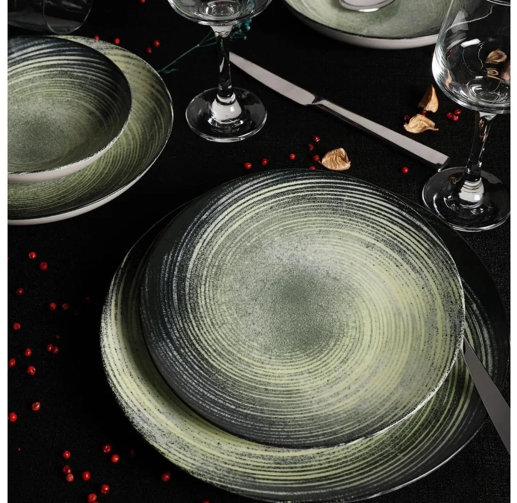 Комплект за хранене 24 части, зелен/черен, от порцелан