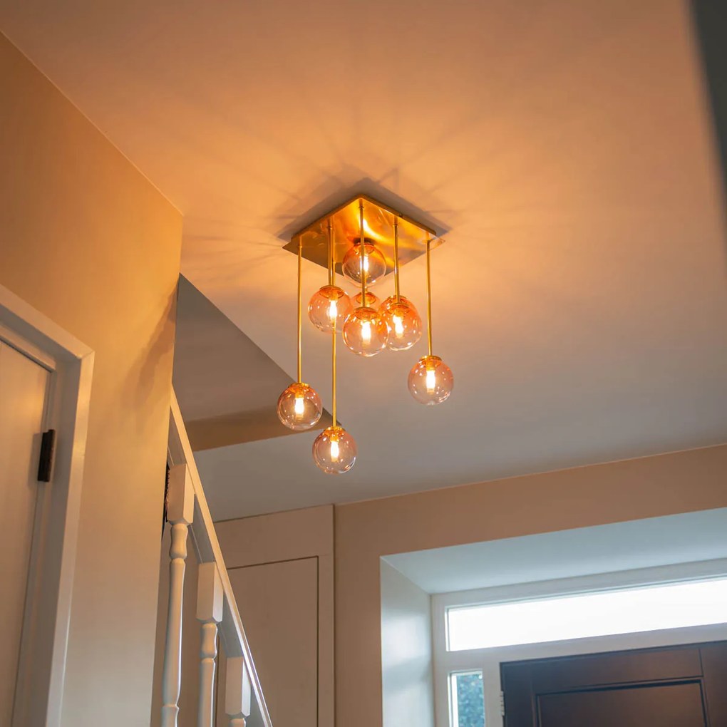 Таванна лампа в стил Арт Деко златиста с розово стъкло 9-светлина - Атина