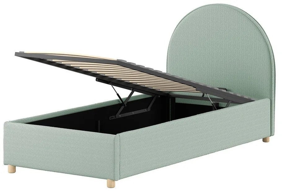 Зелено тапицирано единично легло с място за съхранение с включена подматрачна рамка 90x200 cm Moon – Vipack
