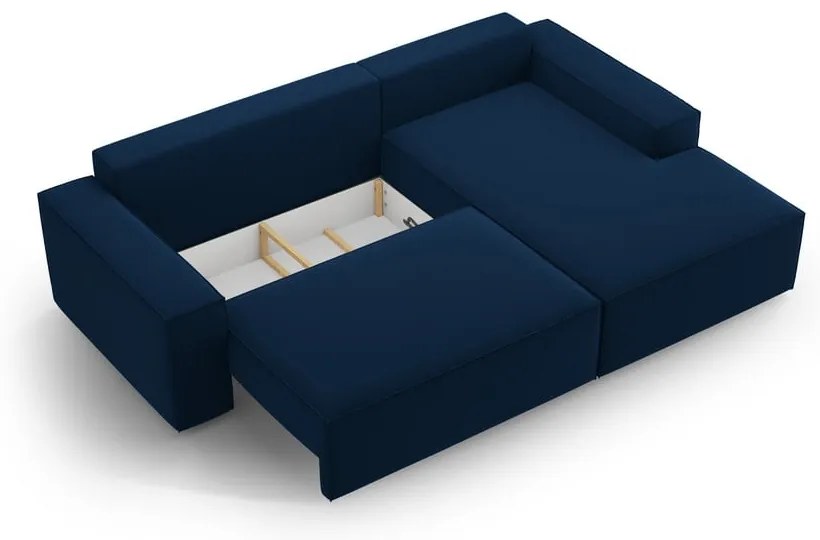 Тъмносин кадифен разтегателен с място за съхранение ъглов диван (десен ъгъл) Jodie – Micadoni