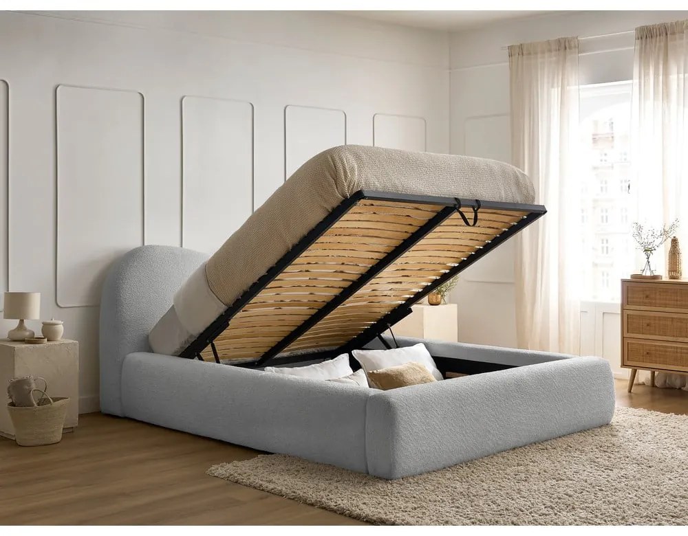 Светлосиво тапицирано двойно легло с място за съхранение с включена подматрачна рамка 160x200 cm Orlane – Bobochic Paris