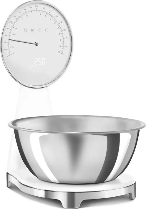 Кухненска везна Smeg KSF01WHWW, Аналогов и дигитален дисплей, До 5 кг/5 л, ТАРА, LED дисплей, Противоплъзгаща се основа, Автономия до 36 часа, Бял мат