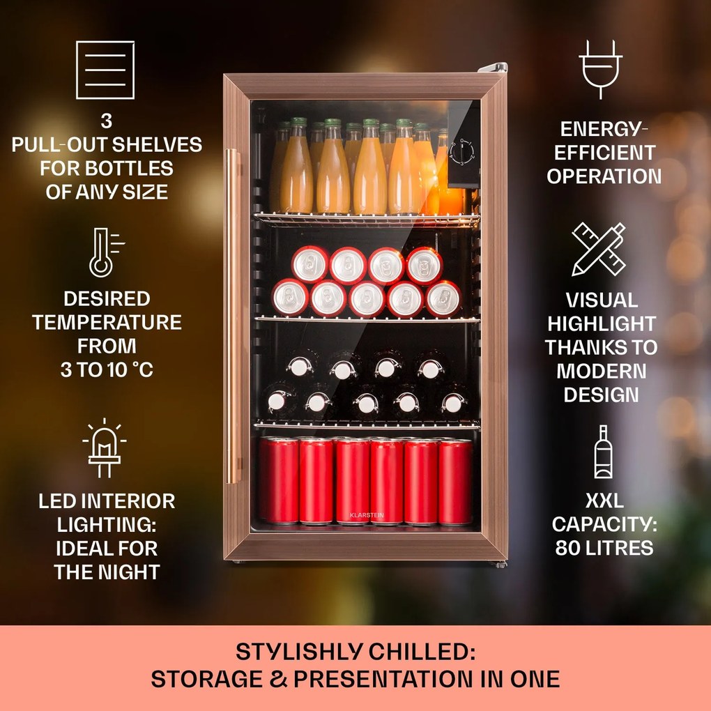 Klarstein Beersafe XXL, охладител, 80 литра, 3 рафта, панорамна стъклена врата