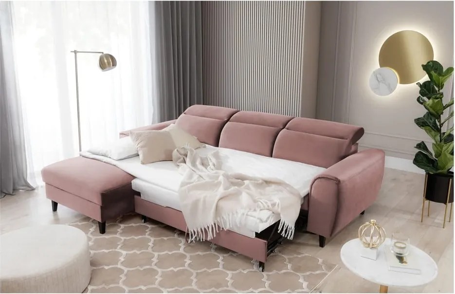 Розов кадифен разтегателен ъглов диван с място за съхранение (ляв ъгъл) Foble – ELTAP