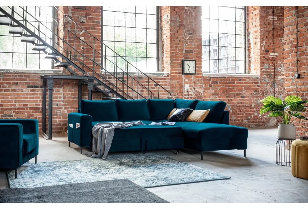 Тюркоаз кадифен разтегателен ъглов диван (десен ъгъл) Lofty Lilly – Miuform