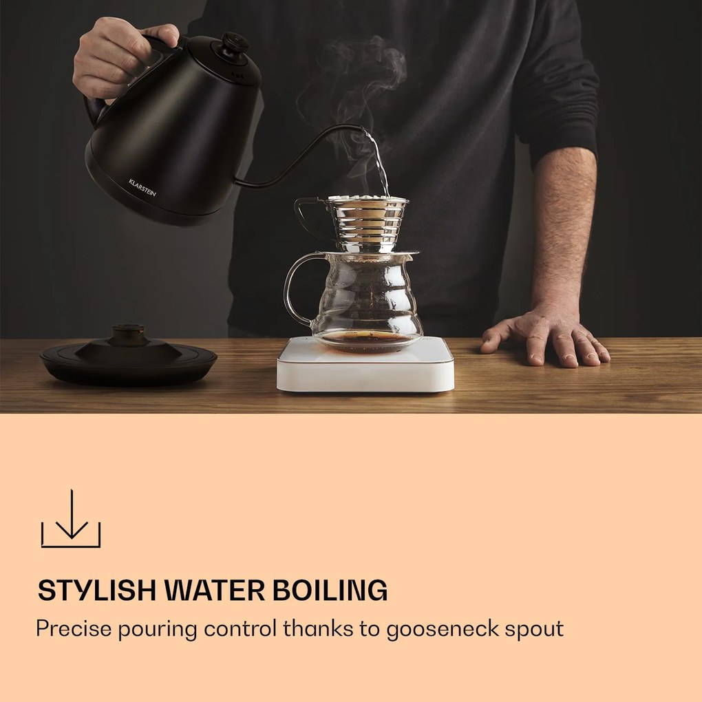 Klarstein Garcon, електрическа кана, 1 л, 2000 W, функция за задържане на топлината, гъше гърло, неръждаема стомана
