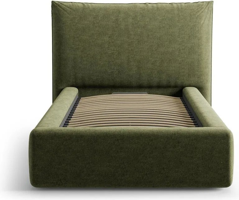 Зелено единично легло 90x200 cm тапицирано с място за съхранение с включена подматрачна рамка Kaelle – Micadoni