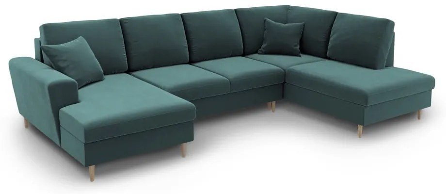 Кадифен разтегателен ъглов диван с място за съхранение в петролен цвят (десен ъгъл/U форма) Kyoto – Cosmopolitan Design