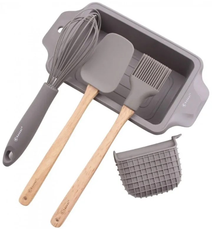 Комплект за печене на хляб и сладкиши Kassel K 93704, 5 части, Силикон и дърво, Сив