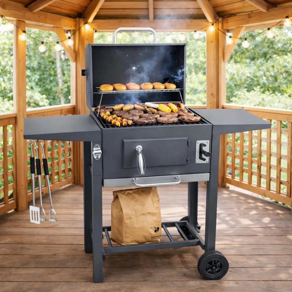 Градинска скара с чугунена скара и аксесоари