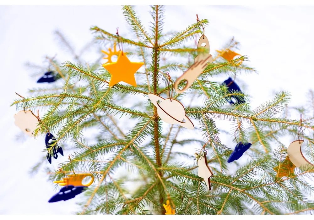 Комплект от 8 коледни украси от жълт и син филц - Spira