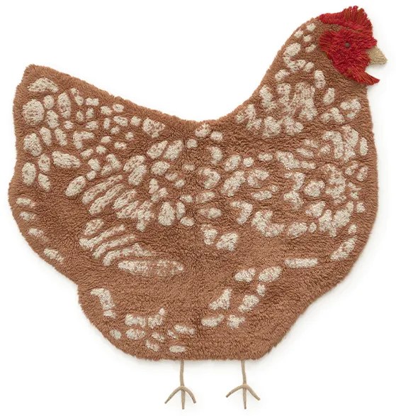 Кафяв ръчно изработен памучен детски килим подходящ за пране 110x100 cm Chicken – Lorena Canals