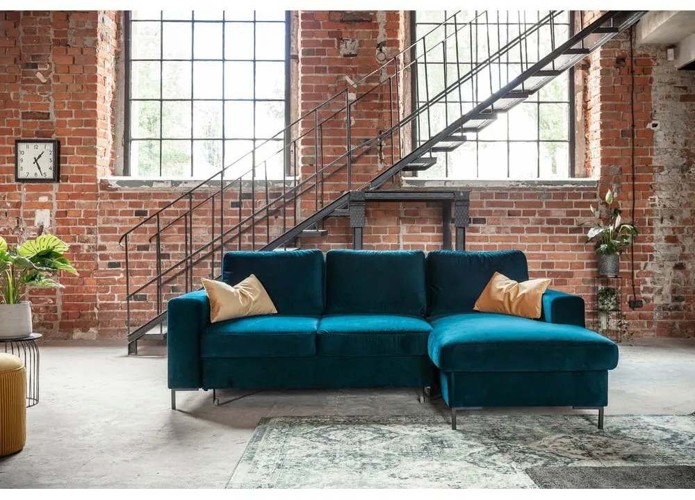 Кадифен разтегателен ъглов диван петролен (десен ъгъл) Lofty Lilly – Miuform