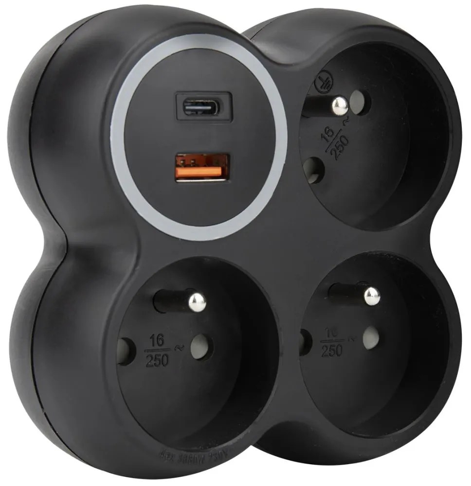 Solight P106CB-PD20 - Разклонител с 3 контакта 15 A и USB A + USB-C, черен