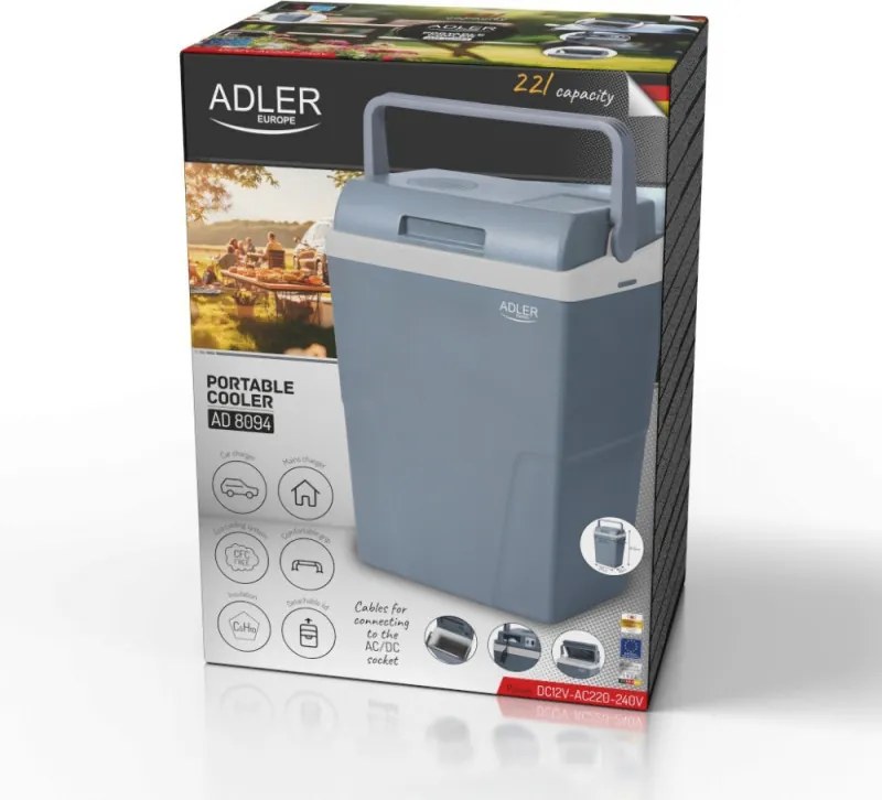 Хладилна кутия Adler AD 8094, 22 литра, 45/55 W, 12V/220V, Климатичен клас ST, Специална изолация C5H10, Сив