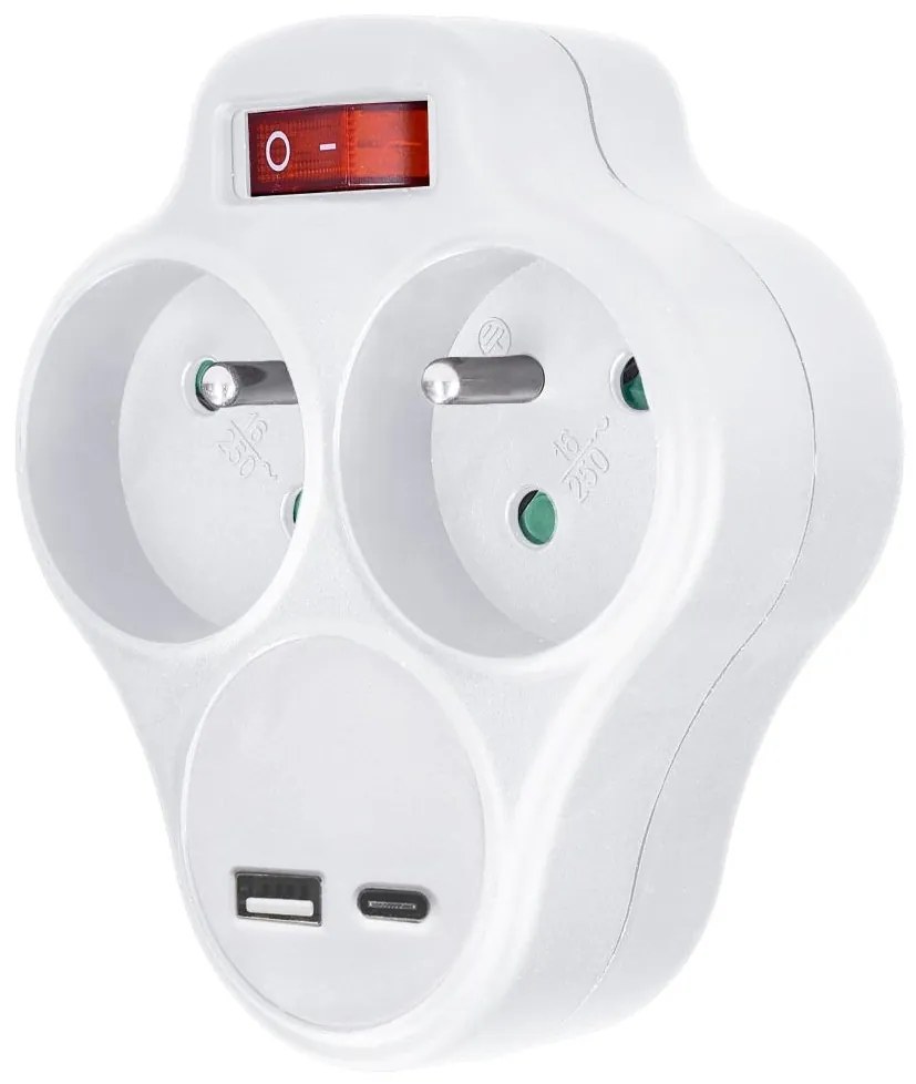 Solight P99USBC-PD20-Контактен разклонител с USB A+C charger и превключвател 2x10A бял