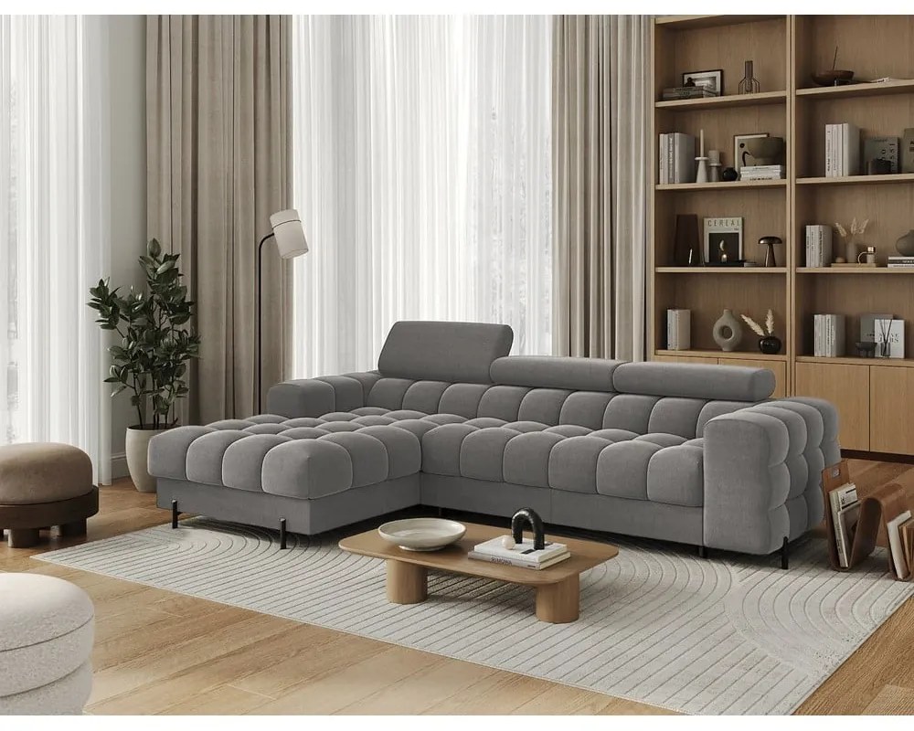 Кафяво-сив кадифен сгъваем/с място за съхранение ъглов диван (ляв ъгъл) Felro – ELTAP