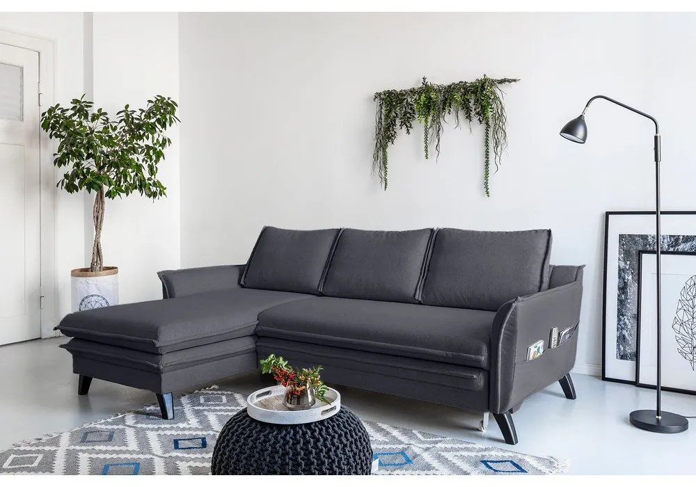 Антрацитен ъглов разтегателен диван, ляв ъгъл Charming Charlie - Miuform