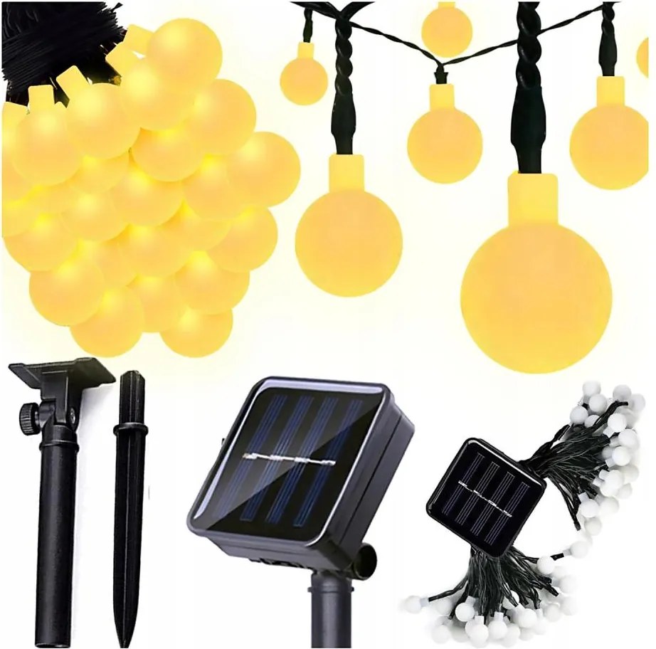 Соларен LED декоративен гирлянд — 50 LED / 8 режима, 500 mAh, 9,5 m, IP67, топла бяла