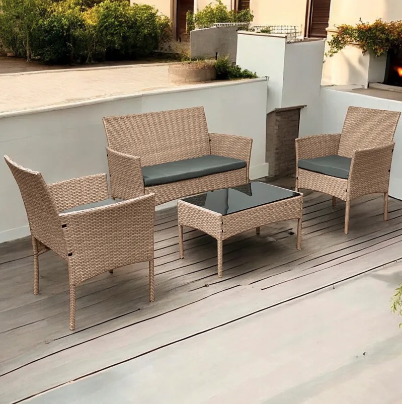 Елегантен ратанов градински комплект с маса с черно стъкло