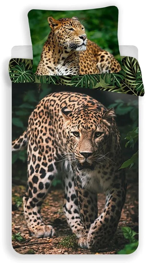 Единично памучно детско спално бельо 140x200 cm Leopard "Green" – Jerry Fabrics