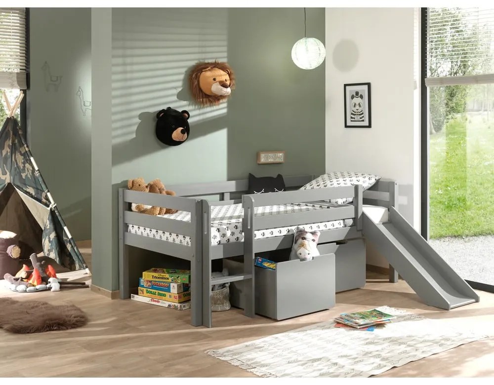 Сиво повдигнато легло за деца с пързалка , 90 x 200 cm Pino - Vipack