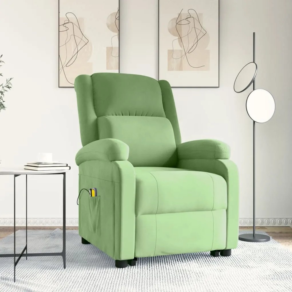 3124839 vidaXL Изправящ масажен стол, светлозелено, кадифе