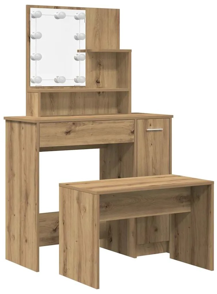3329186 vidaXL Комплект тоалетка с LED Artisan Oak Engineered Wood