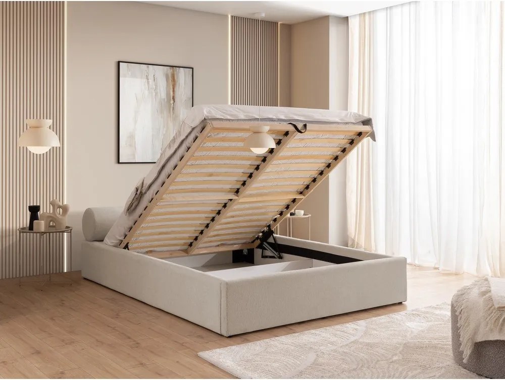 Бежово тапицирано двойно легло с място за съхранение и включена подматрачна рамка 180x200 cm Cille – Ropez