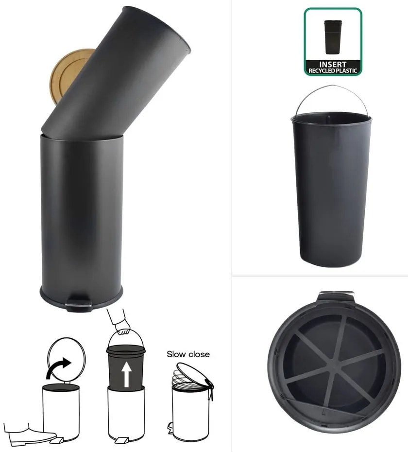 Матово черно стоманено кошче за боклук с педал 30 l Adonis – Spirella