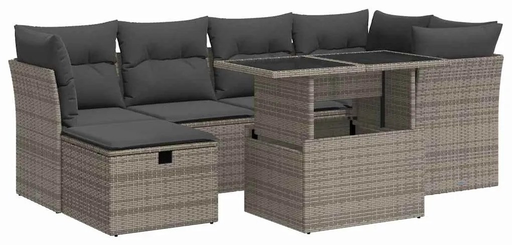 3327780 vidaXL Градински диван с възглавници, 7 части, полиратан, сив
