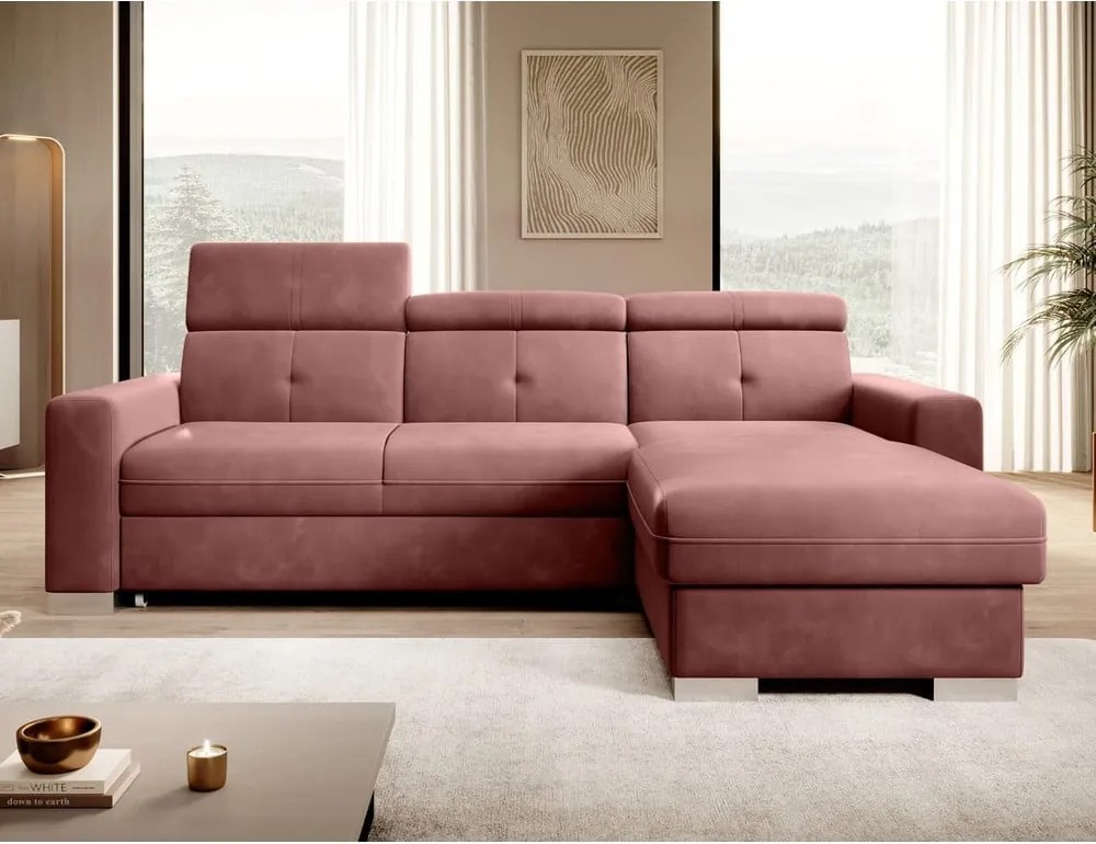 Розов кадифен разтегателен ъглов диван с място за съхранение (десен ъгъл) Fresia – ELTAP