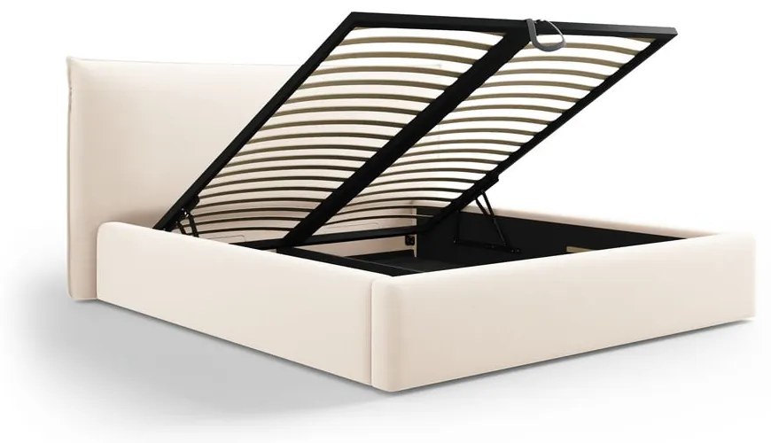 Кремаво двойно тапицирано легло с място за съхранение с включена подматрачна рамка 160x200 cm Elio – Milo Casa