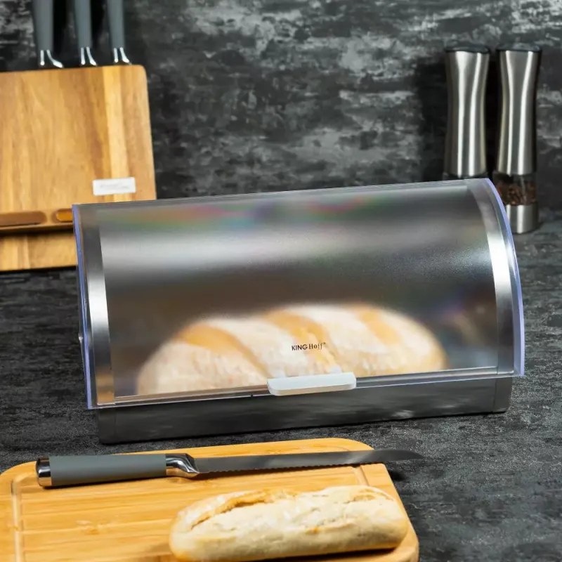 Кутия за хляб Kinghoff KH 3203, 39.5x28x18.5 см, Стомана, Полупрозрачен капак, Бял/сив