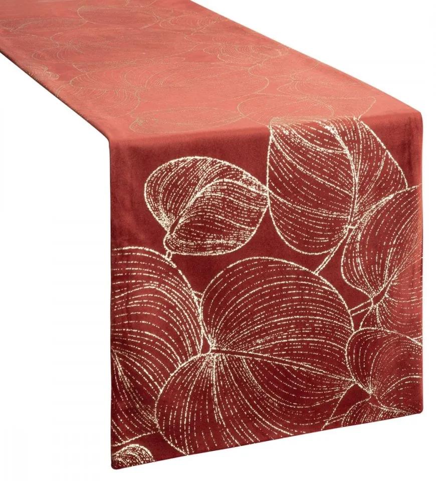 Кадифена централна покривка с лъскава щампа на листа в тухлен цвят Широчина: 35 см | Дължина: 140 см