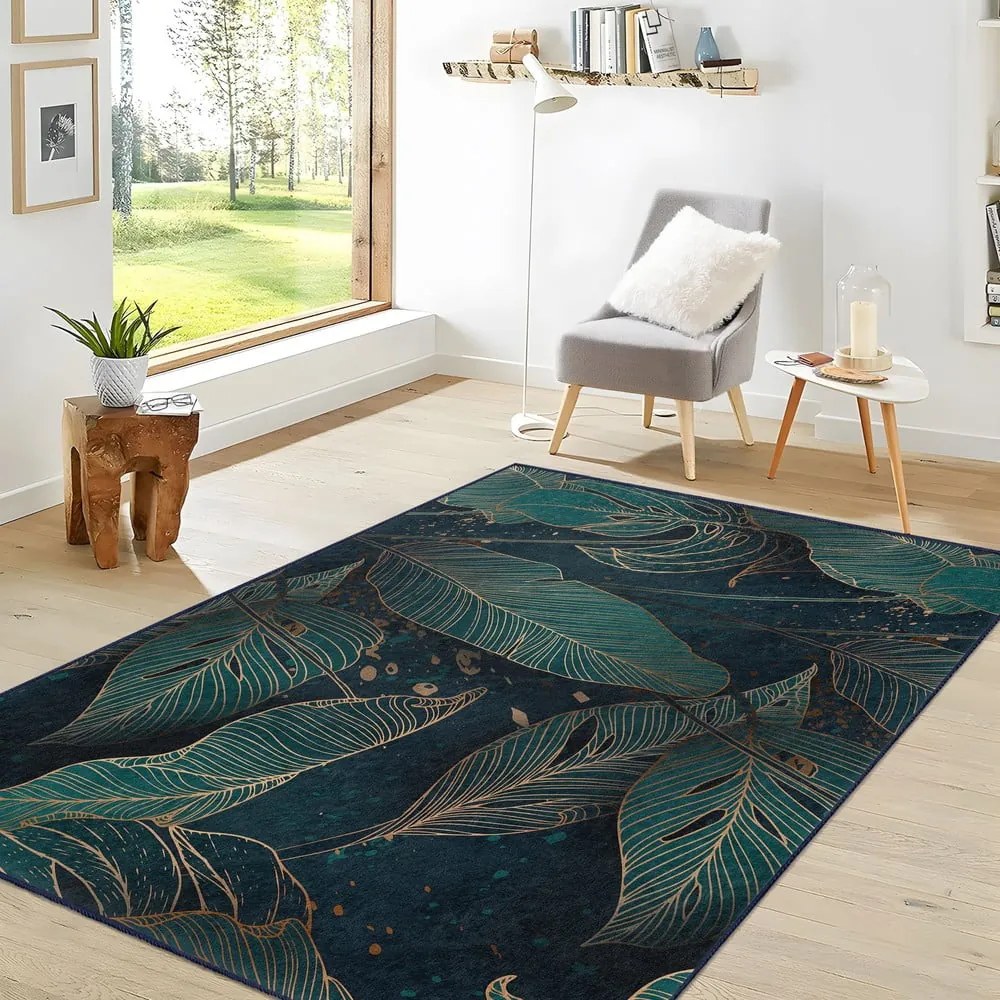 Килим подходящ за пране в петролен цвят 80x150 cm Midnight Jungle – Mila Home