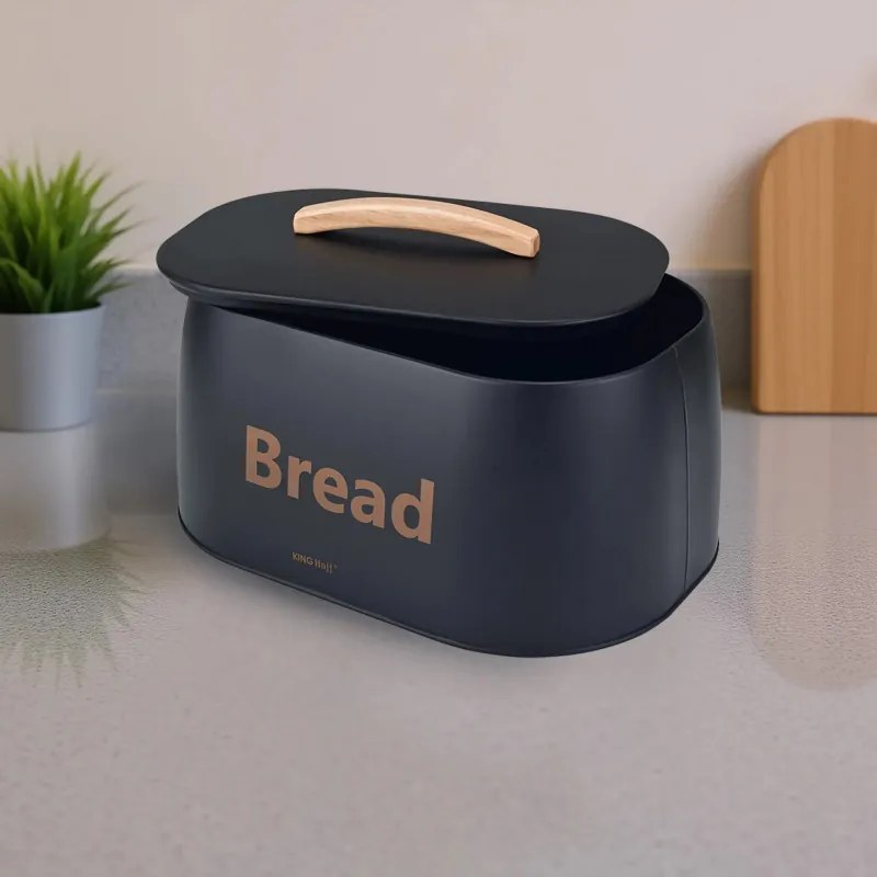 Кутия за хляб Kinghoff KH 1946, 35 см, Метално тяло, Дървена дръжка, Черен