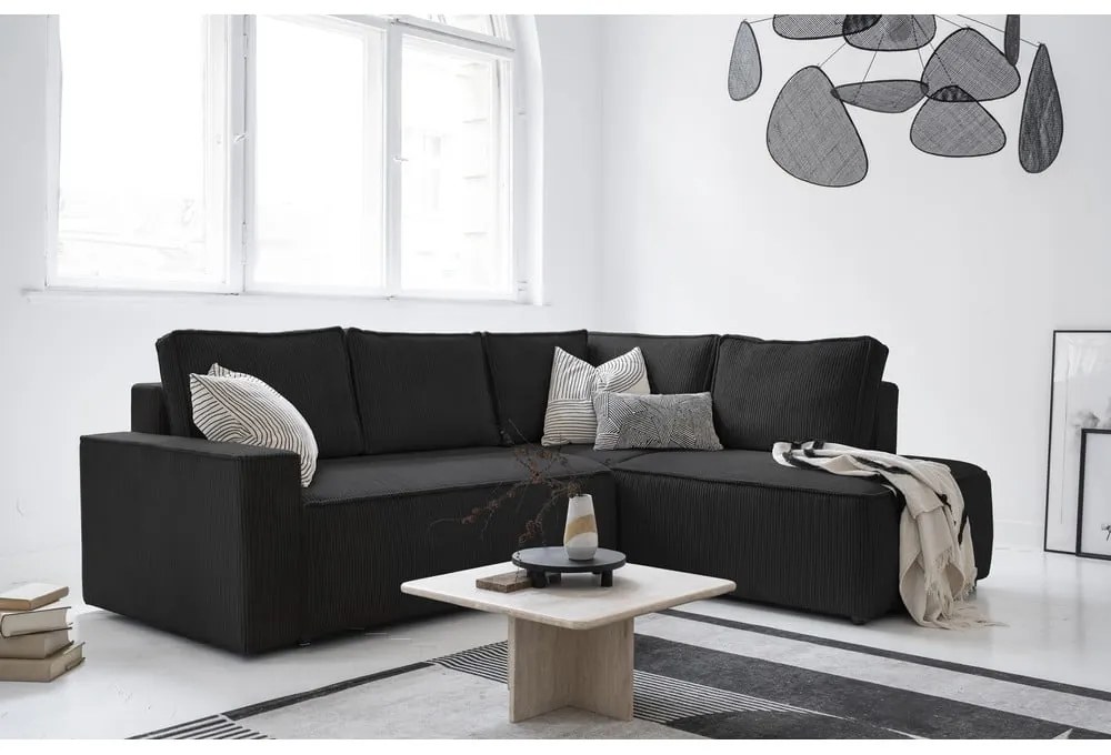 Антрацитен разтегателен ъглов диван от рипсено кадифе (десен ъгъл) Brave Dave – Miuform