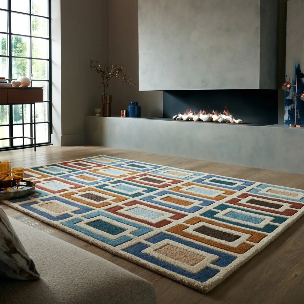 Ръчно изработен вълнен килим в син и оранжев цвят 80x150 cm Retro Blocks – Flair Rugs