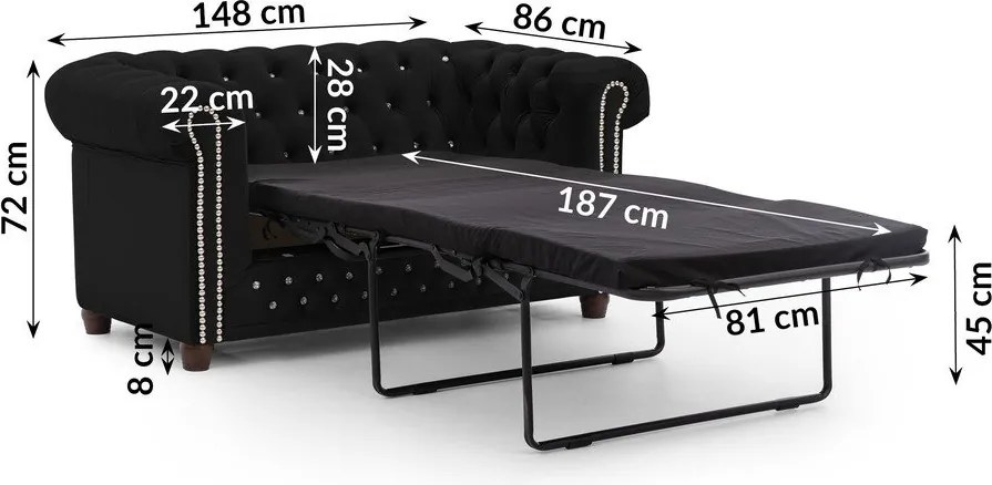 Черен кадифен разтегателен диван 148 cm York Blik – Ropez