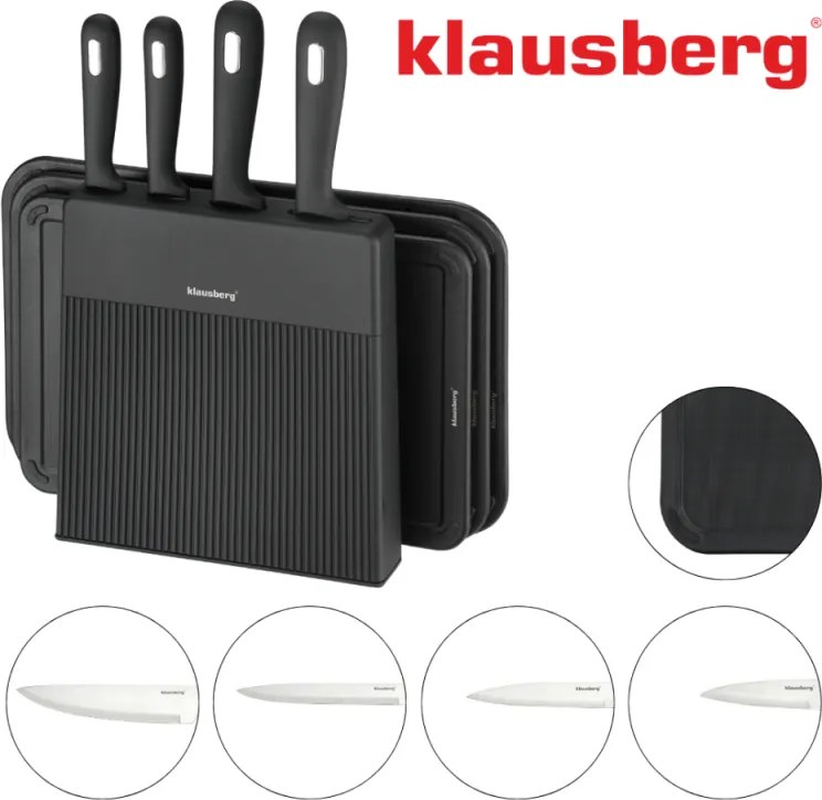 Комплект ножове и дъски за рязане Klausberg KB 7980, 8 части, Неръждаема стомана, Стойка, Черен/инокс