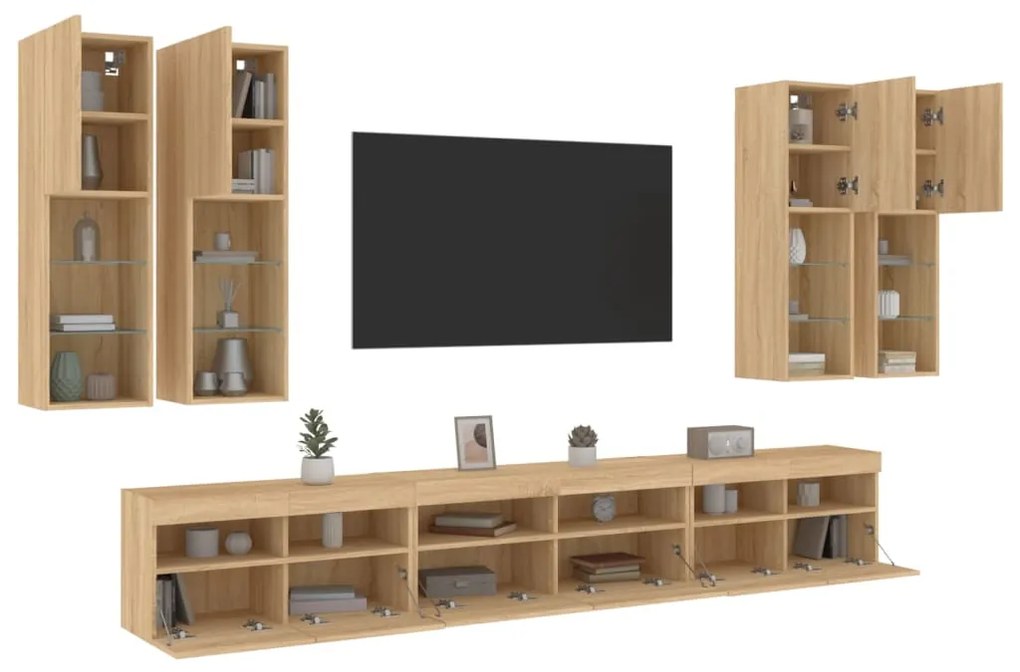 3216780 vidaXL Комплект ТВ стенни шкафове, 7 части, с LED светлини, сонома дъб