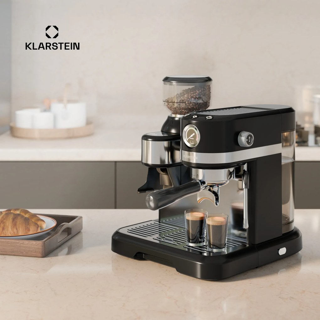 Klarstein Bella Café Кафемашина, Винтидж, мелачка, 20 bar, Разпенител за мляко, измервател на налягане, 1550 W