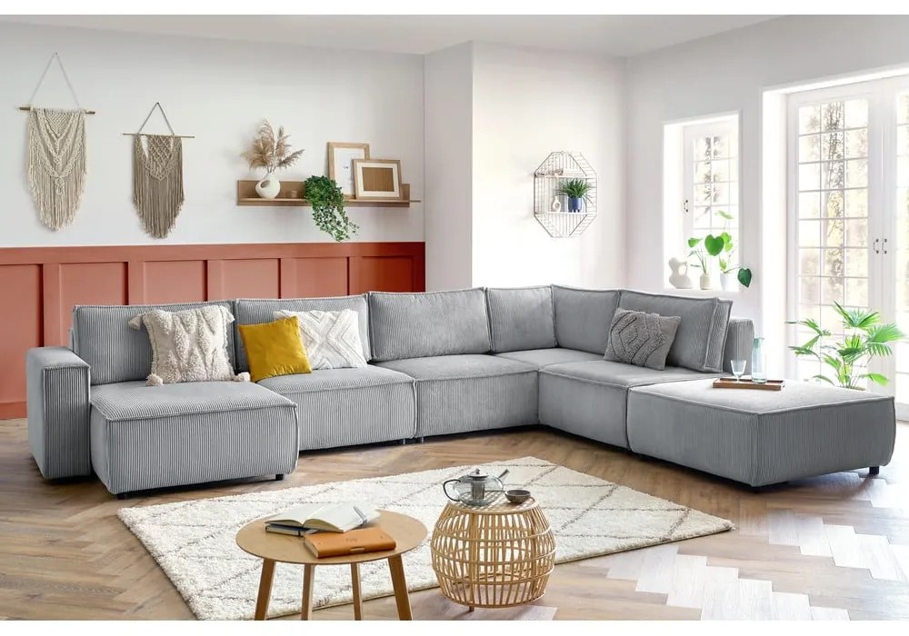 Светлосив ъглов U-образен диван от велур, десен ъгъл Nihad modular - Bobochic Paris